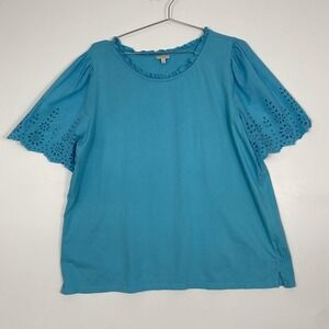 Talbots TShirt Womens 2X Blue Eyelet Flutter Sleeve Tunic Top Cotton Ruffle